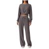2 Piece Outfits Sweatsuit for Women Sets Twist Front Cropped Sweatshirt Baggy Wide Leg Sweatpant Lounge Set Tracksuit Dark Gray view 1