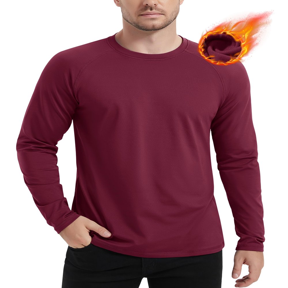 MAGCOMSEN Workout Shirts for Men Dry Fit Long Sleeve Fleece Thermal Shirts Athletic Base Layer Undershirts Wine Red S