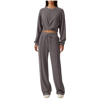2 Piece Outfits Sweatsuit for Women Sets Twist Front Cropped Sweatshirt Baggy Wide Leg Sweatpant Lounge Set Tracksuit Dark Gray