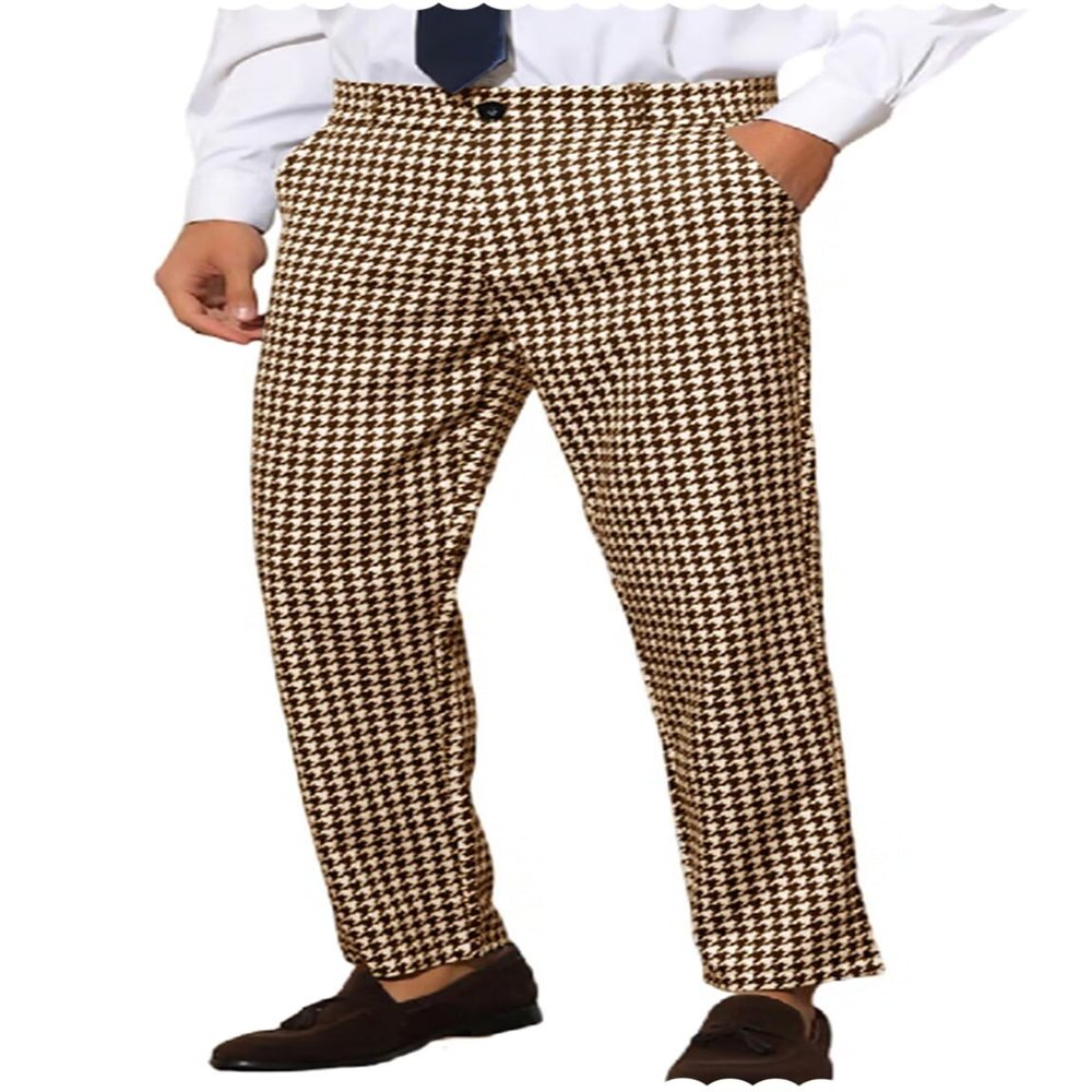 Houndstooth Suit Pants for Men Slim Fit Classic Business Plaid Dress Trousers