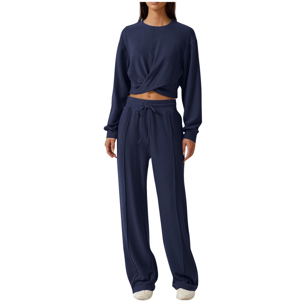 2 Piece Outfits Sweatsuit for Women Sets Twist Front Cropped Sweatshirt Baggy Wide Leg Sweatpant Lounge Set Tracksuit Dark Blue