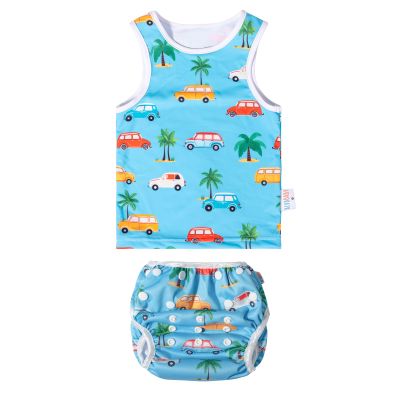 ALVABABY Baby Reusable Swim Diaper with Matching Top, 2T Toddler Baby Boy Swimsuit,Infant Bathing Sleeveless Swimwear SWT12