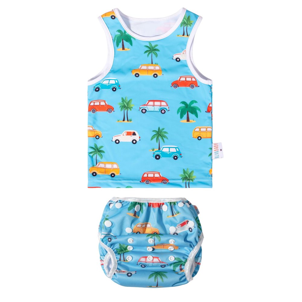 ALVABABY Baby Reusable Swim Diaper with Matching Top, 2T Toddler Baby Boy Swimsuit,Infant Bathing Sleeveless Swimwear SWT12