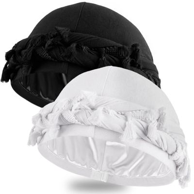 Ababalaya 2PCS Adjustable Satin Lined Halo Turban Durag for Men &Women Twisted Tassel Head Wraps Beanie Hats for Hair Loss, Black&White Blackwhite
