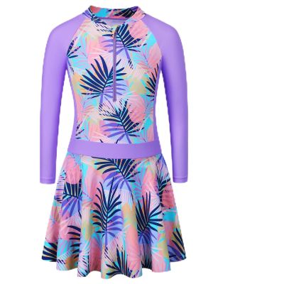 Girls Swimsuit One Piece Long Sleeve UPF 50+ Floral Skirted Bathing Suit Modest Beach Swim Dress S448_PurpleLeaves_104/110