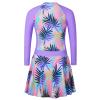 Girls Swimsuit One Piece Long Sleeve UPF 50+ Floral Skirted Bathing Suit Modest Beach Swim Dress S448_PurpleLeaves_104/110 view 2