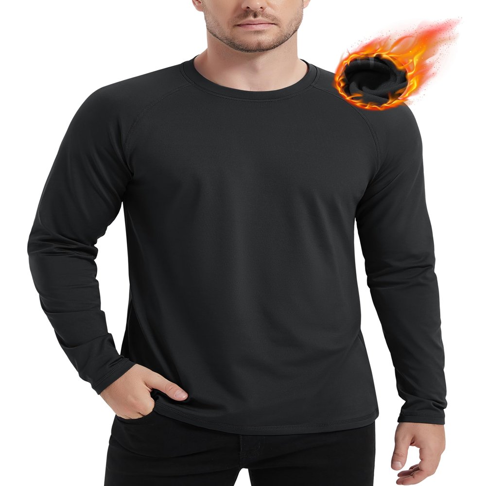 MAGCOMSEN Black Thermal Long Sleeve Men Fleece Winter Base Layer Undershirts Dry Fit Gym Shirts Black S