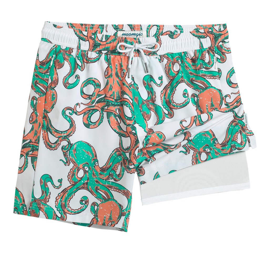maamgic 7 Inch Mens Swim Trunks with Compression Liner Board Shorts with Zippered Pocket Bathing Suit for Beach Vacation White and Green Octopus Monster Large