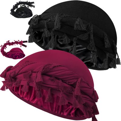 Ababalaya 2PCS Adjustable Satin Lined Halo Turban Durag for Men &Women, Twisted Tassel Head Wraps, Beanie Hats for Hair Losss, Black&Red