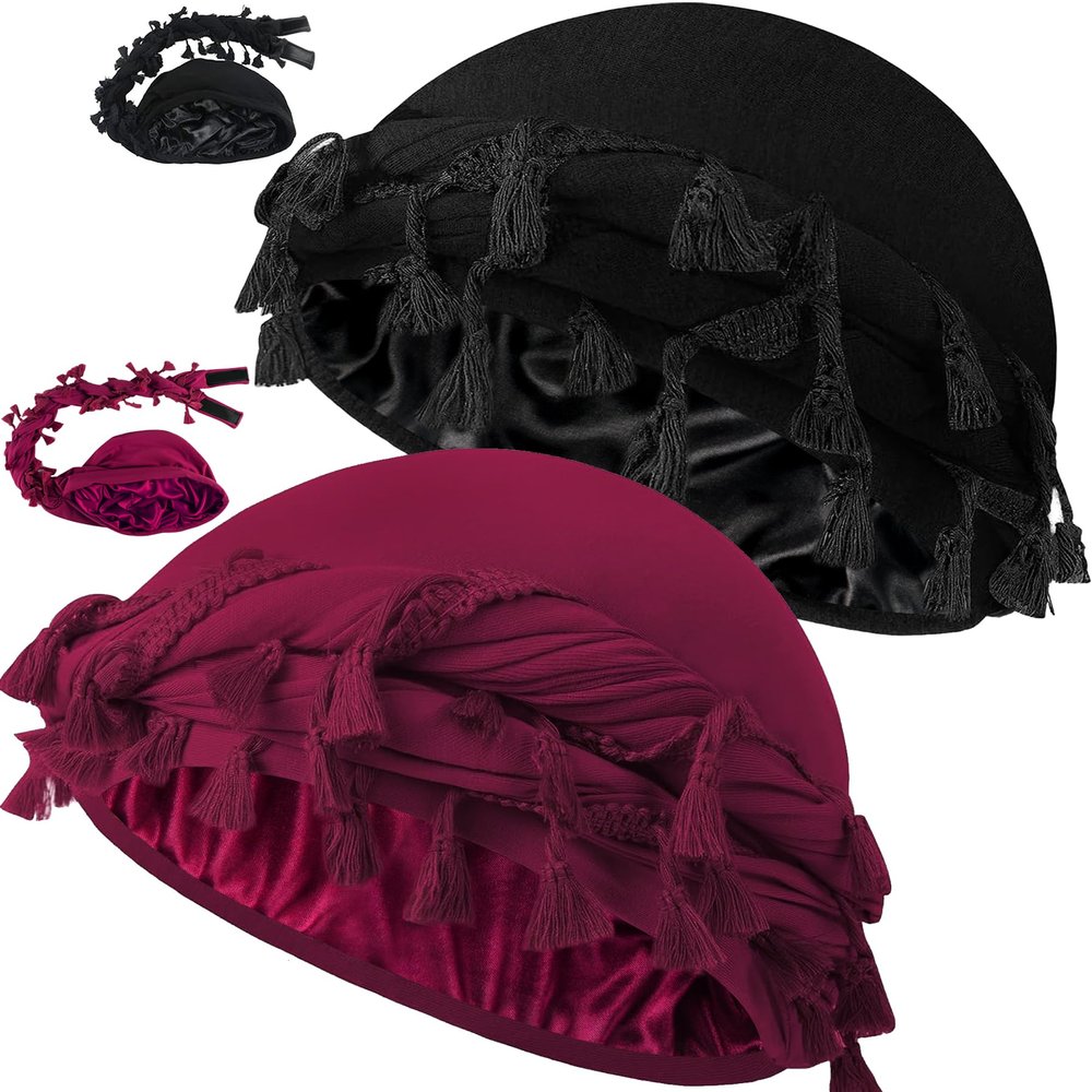 Ababalaya 2PCS Adjustable Satin Lined Halo Turban Durag for Men &Women, Twisted Tassel Head Wraps, Beanie Hats for Hair Losss, Black&Red