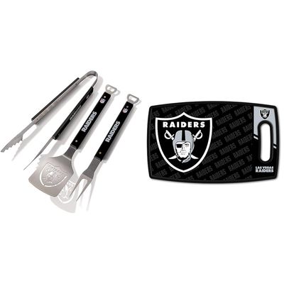 YouTheFan NFL Las Vegas Raiders Spirit Series 3-Piece BBQ Set, Stainless Steel, 22" x 9" & NFL Las Vegas Raiders Logo Series Cutting Board
