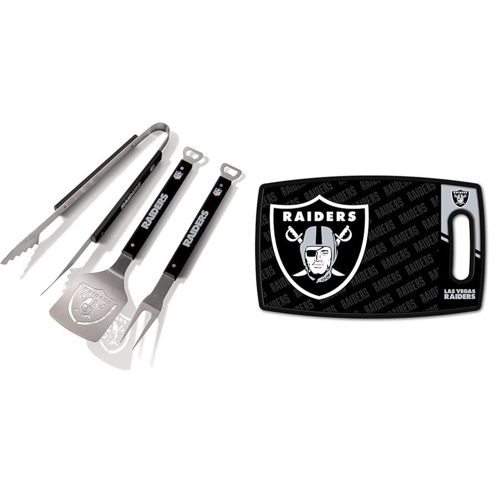 YouTheFan NFL Las Vegas Raiders Spirit Series 3-Piece BBQ Set, Stainless Steel, 22" x 9" & NFL Las Vegas Raiders Logo Series Cutting Board