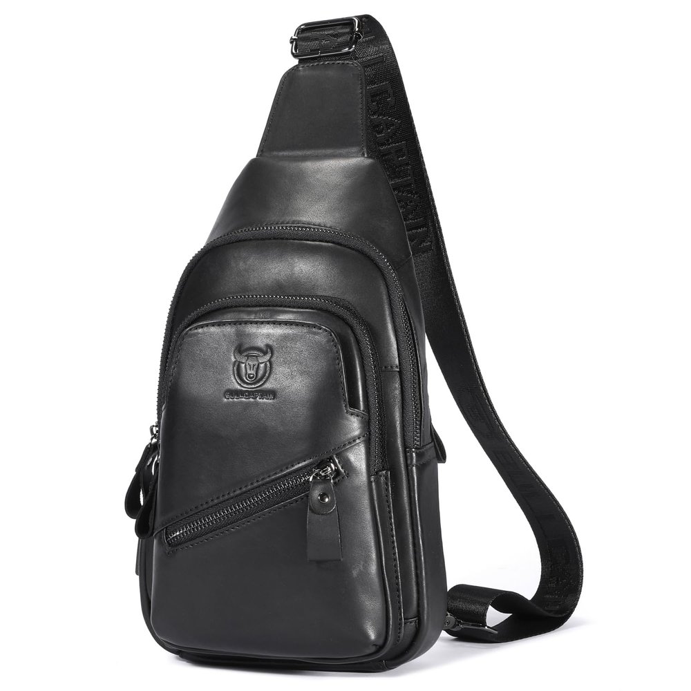 Leather Sling Bag Hiking Daypack for Men Women Outdoor Travel Camping Fishing Crossbody Shoulder Chest Pack Backpack (Black)