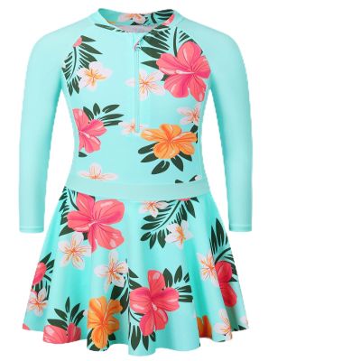 Girls Swimsuit One Piece Long Sleeve UPF 50+ Floral Skirted Bathing Suit Modest Beach Swim Dress S448_CyanFlower_104/110
