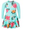 Girls Swimsuit One Piece Long Sleeve UPF 50+ Floral Skirted Bathing Suit Modest Beach Swim Dress S448_CyanFlower_104/110 view 1