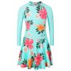 Girls Swimsuit One Piece Long Sleeve UPF 50+ Floral Skirted Bathing Suit Modest Beach Swim Dress S448_CyanFlower_104/110 view 2
