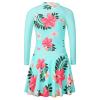 Girls Swimsuit One Piece Long Sleeve UPF 50+ Floral Skirted Bathing Suit Modest Beach Swim Dress S448_CyanFlower_104/110 view 3