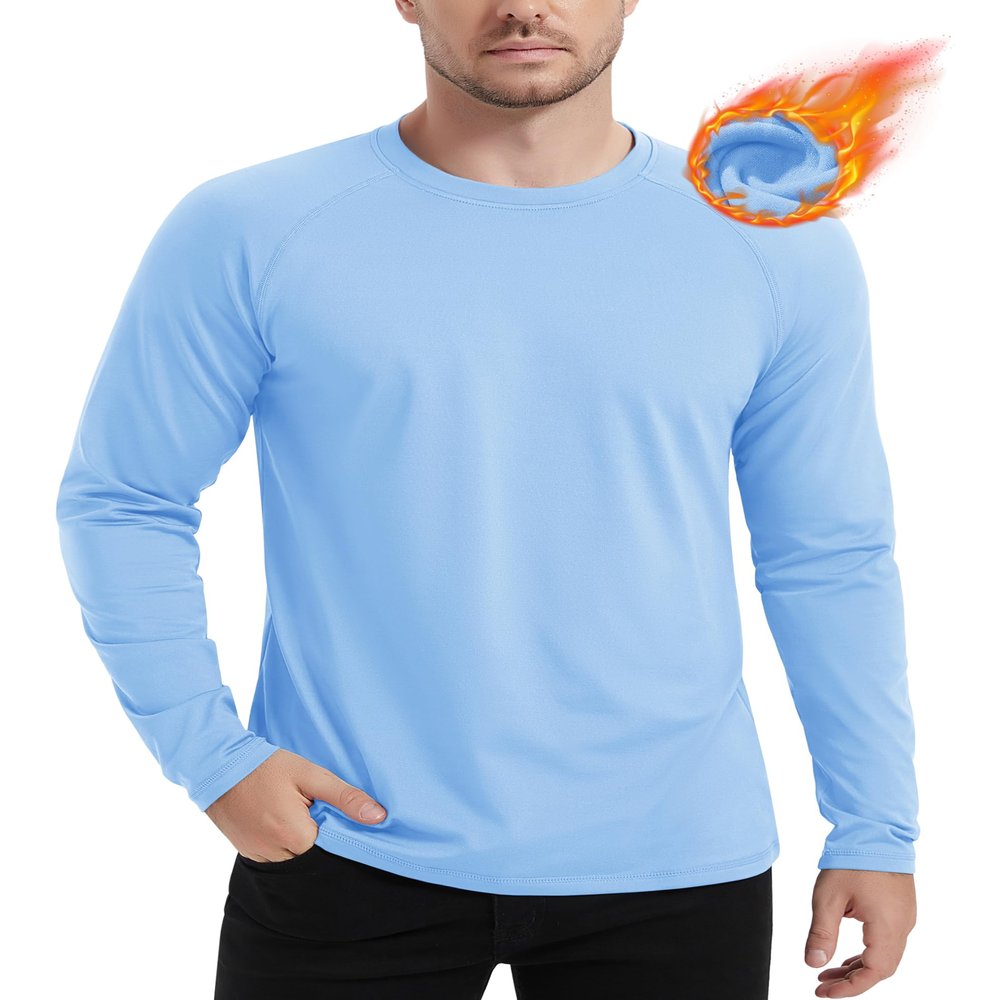 MAGCOMSEN Mens Thermal Long Sleeve Shirt Fleece Lined Active Shirts Workout Gym Athletic Shirts Base Layer Shirts Light Blue 2XL