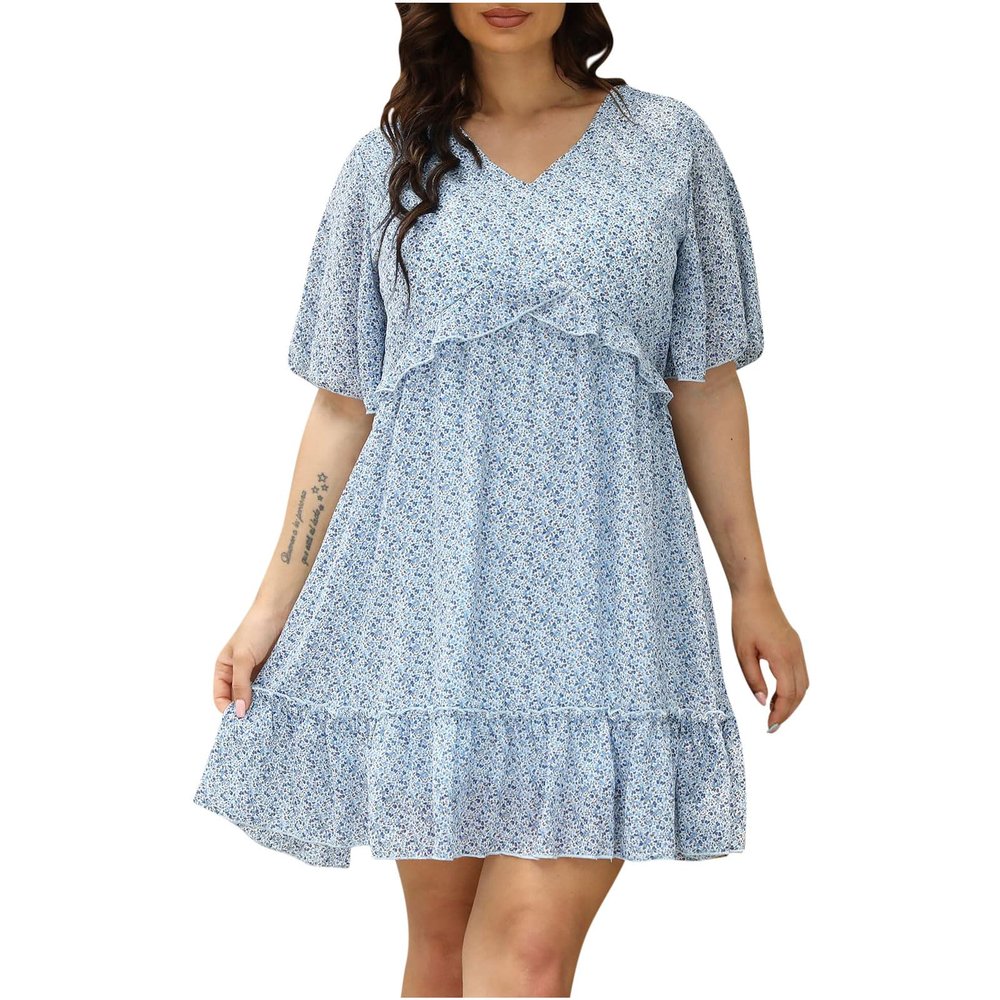 Plus Size Dresses Casual Short Floral Sundress V Neck Short Sleeve Ruffle Hem A Line Boho Beach Dress Holiday Vacation Party Dress Summer Party Dress Plus Size Light Blue Floral 4XL