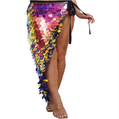 Agoky Womens Shiny Big Sequins Skirt Belly Dance Hip Skirts Rave Party Hip Wrap Long Skirt Costume Gold X-Large