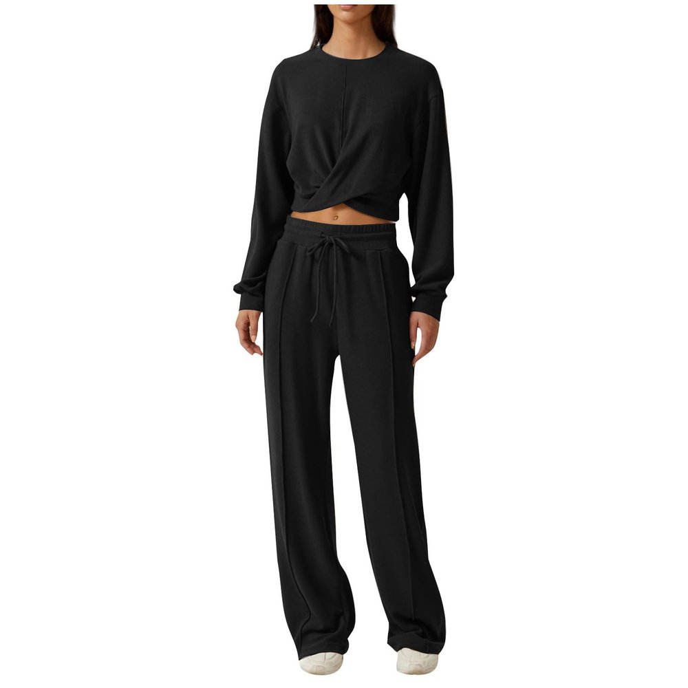 2 Piece Outfits Sweatsuit for Women Sets Twist Front Cropped Sweatshirt Baggy Wide Leg Sweatpant Lounge Set Tracksuit Black