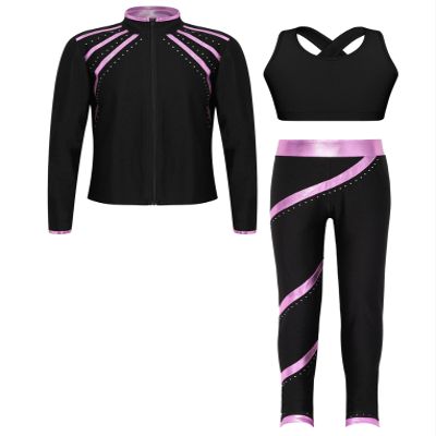 Hansber Kids Girls 3Pcs Dance Sports Outfit Crop Top Leggings with Long Sleeve Zipper Jacket Gym Yoga Training Tracksuit Pink 6 Years
