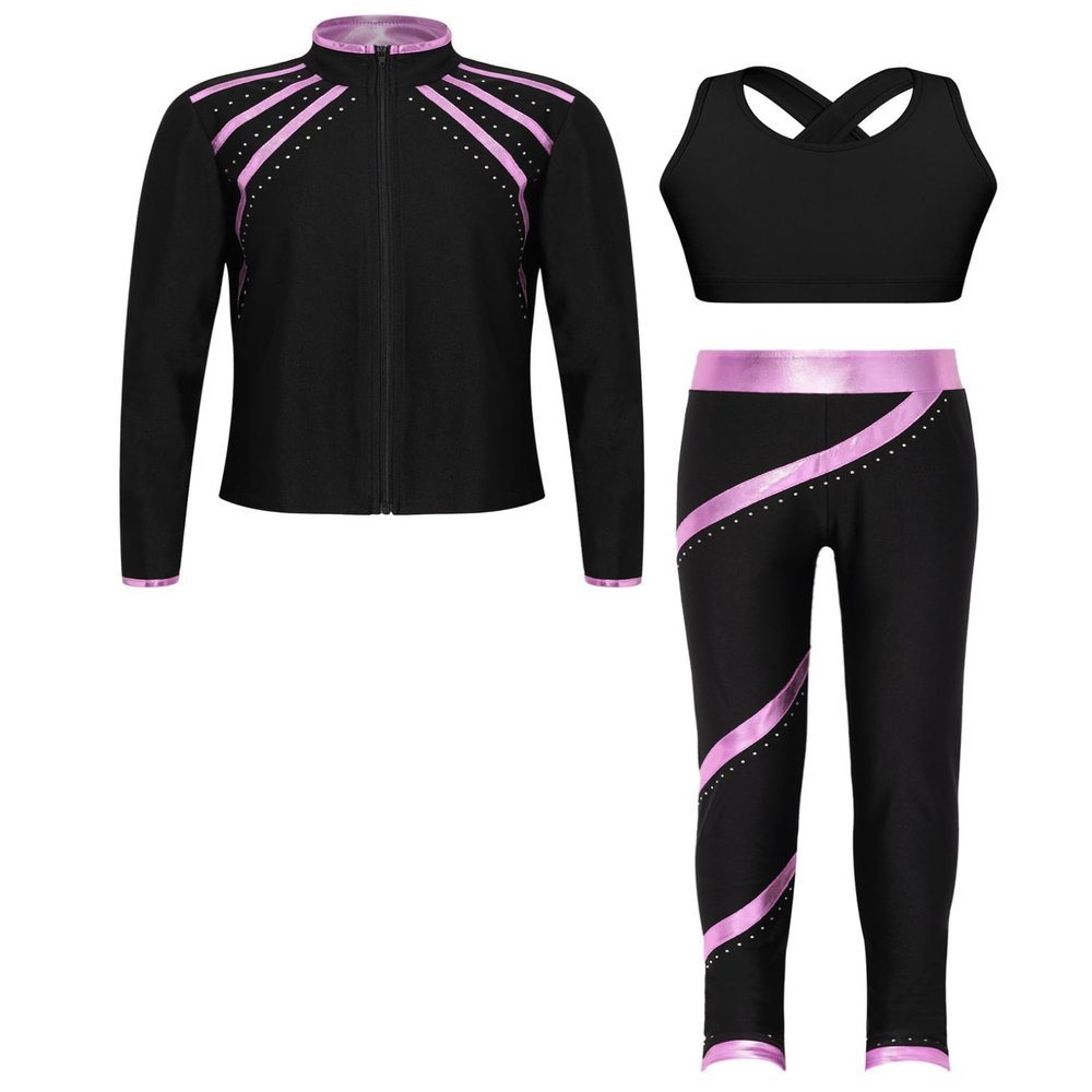 Hansber Kids Girls 3Pcs Dance Sports Outfit Crop Top Leggings with Long Sleeve Zipper Jacket Gym Yoga Training Tracksuit Pink 6 Years