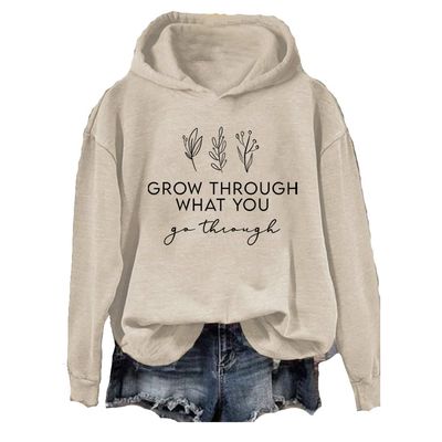 Grow Through What You Go Through Shirts For Women Grow Through What You Go Through Sweatshirt Mental Health Sweatshirt Inspirational Quote Gift for Plant Lover Positive Saying Tops Beige