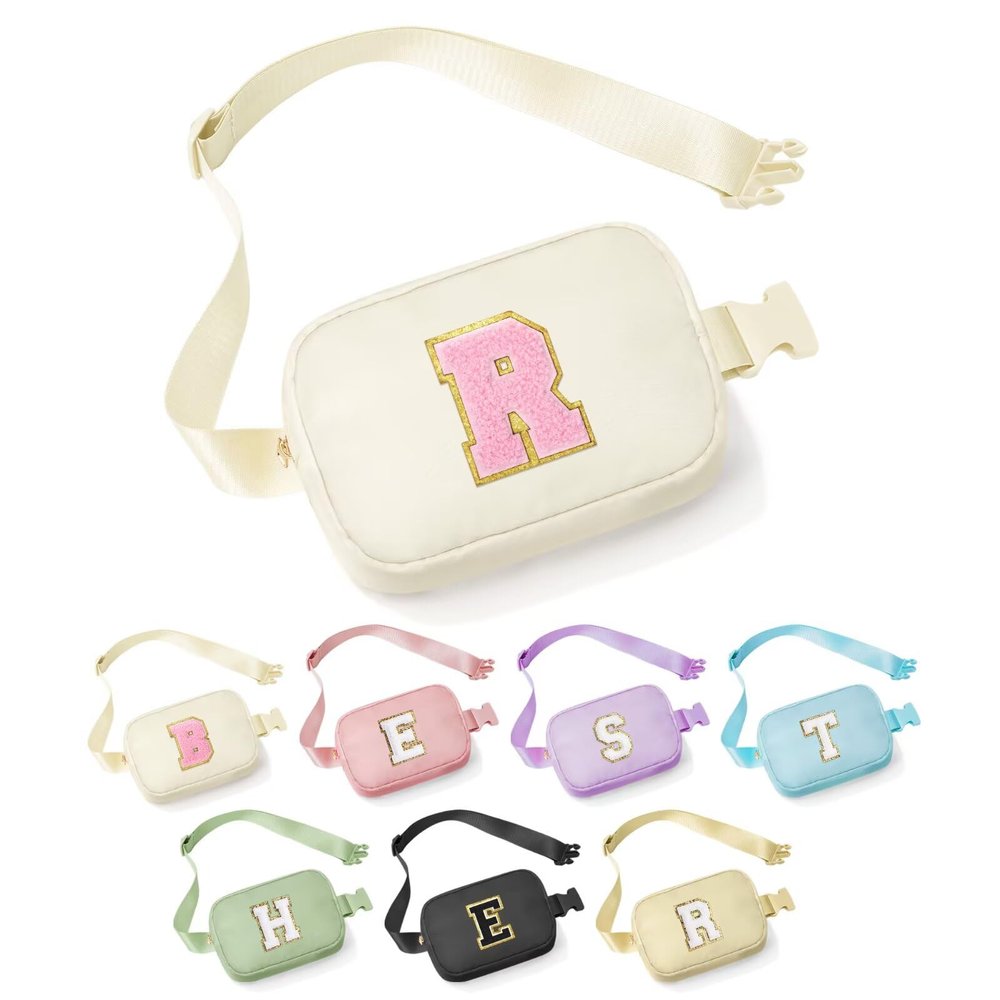 YOOLIFE Initial Belt Bag for Women - Crossbody Bags for Women Fanny Pack Cross body Bag for Women White Letter Everywhere Belt Bag Monogrammed Crossbody Bag R, Small, Beige