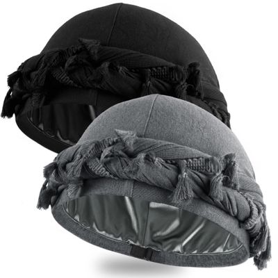 Ababalaya 2PCS Adjustable Satin Lined Halo Turban Durag for Men &Women, Twisted Tassel Head Wraps, Beanie Hats for Hair Lossss, Black&Grey