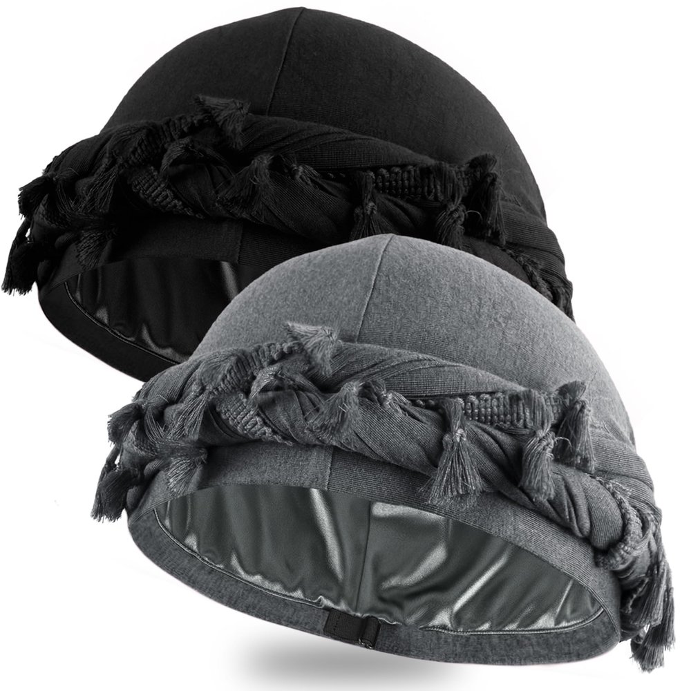 Ababalaya 2PCS Adjustable Satin Lined Halo Turban Durag for Men &Women, Twisted Tassel Head Wraps, Beanie Hats for Hair Lossss, Black&Grey