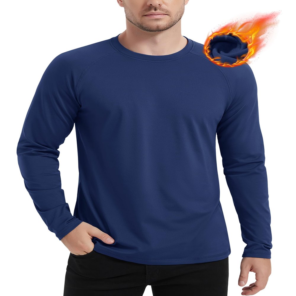 MAGCOMSEN Dry Fit Long Sleeve Men Thermal Fleece Shirts Workout Athletic Base Layer Undershirts Navy L
