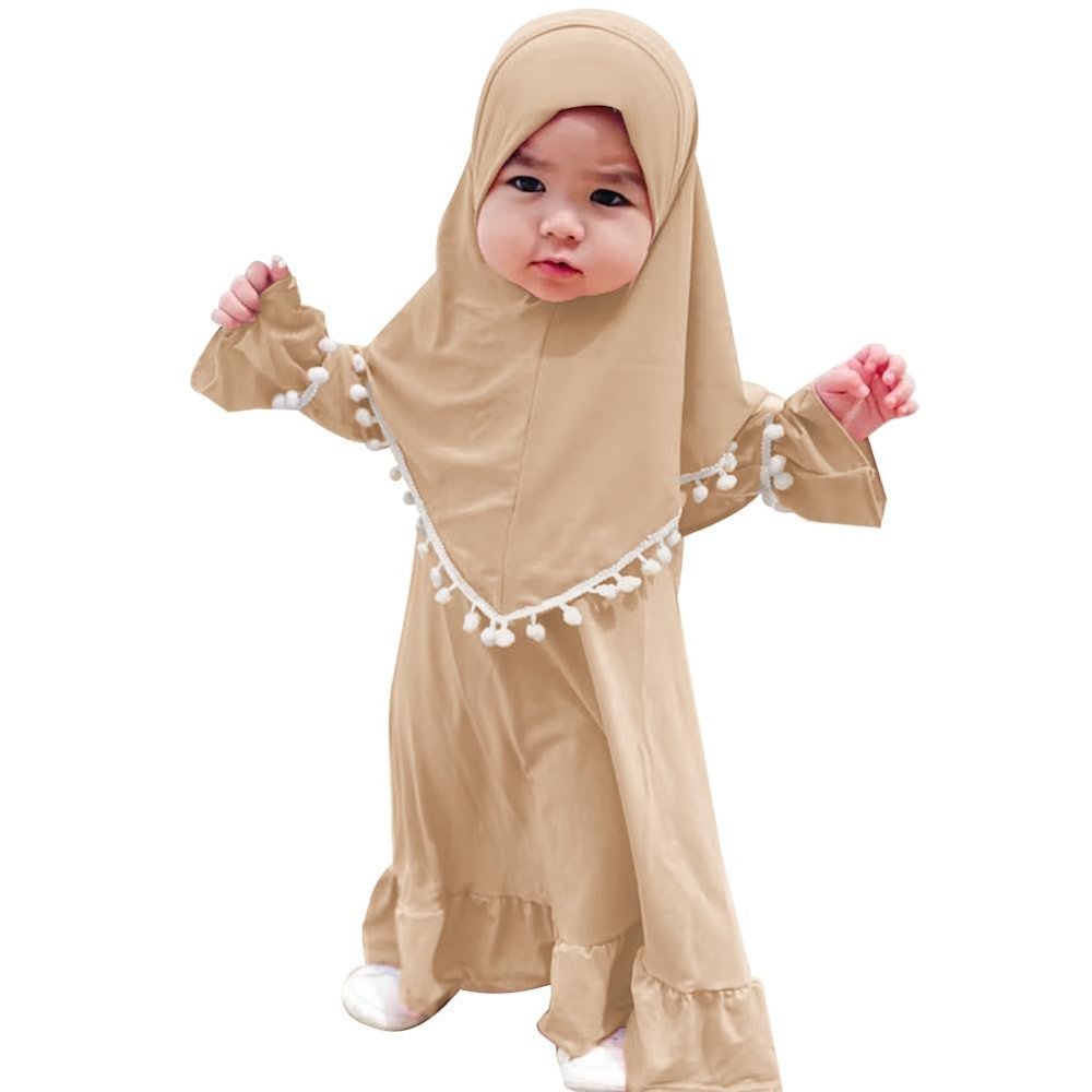 ABAFIP Muslim Dress for Baby Girl Toddler Abaya Kaftan Prayer Ruffle Long Sleeve Dress Islamic Dubai Ramadan Full Cover Hijab Clothes Set Khaki 0-6 Months