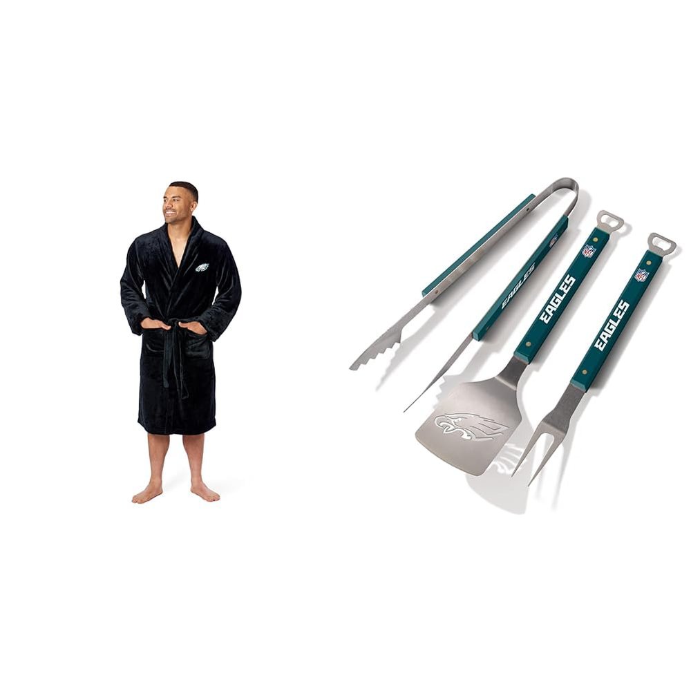 Northwest NFL Philadelphia Eagles Unisex-Adult Silk Touch Bath Robe, Large/X-Large, Team Colors & YouTheFan NFL Philadelphia Eagles Spirit Series 3-Piece BBQ Set Stainless Steel, 22" x 9"
