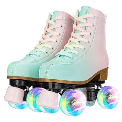 YYW Roller Skates for Girls and Women, Gradient Pink and Green PU Leather Light Up Kids Youth Roller Skates, Size 38-US Women 8