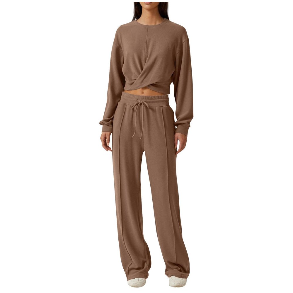 2 Piece Outfits Sweatsuit for Women Sets Twist Front Cropped Sweatshirt Baggy Wide Leg Sweatpant Lounge Set Tracksuit Coffee