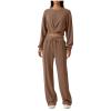2 Piece Outfits Sweatsuit for Women Sets Twist Front Cropped Sweatshirt Baggy Wide Leg Sweatpant Lounge Set Tracksuit Coffee