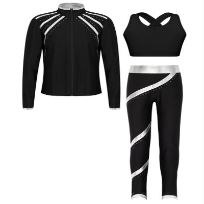 Hansber Kids Girls 3Pcs Dance Sports Outfit Crop Top Leggings with Long Sleeve Zipper Jacket Gym Yoga Training Tracksuit Silver 14 Years