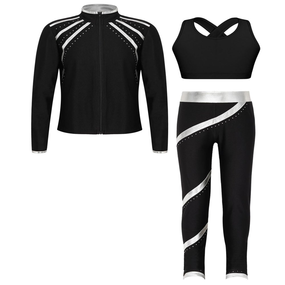 Hansber Kids Girls 3Pcs Dance Sports Outfit Crop Top Leggings with Long Sleeve Zipper Jacket Gym Yoga Training Tracksuit Silver 14 Years
