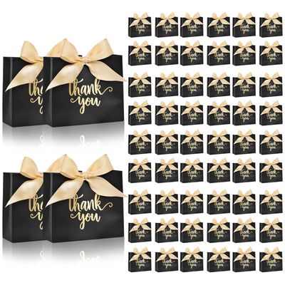 60Pack Small Thank You Gift Bags, 4.5x1.8x3.9 Inches Black Mini Gift Bags with Ribbon Wedding Candy Favor Boxes Birthday Party Favor Bags for Baby Shower Anniversary