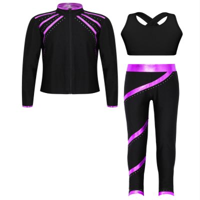 Hansber Kids Girls 3Pcs Dance Sports Outfit Crop Top Leggings with Long Sleeve Zipper Jacket Gym Yoga Training Tracksuit Purple 14 Years