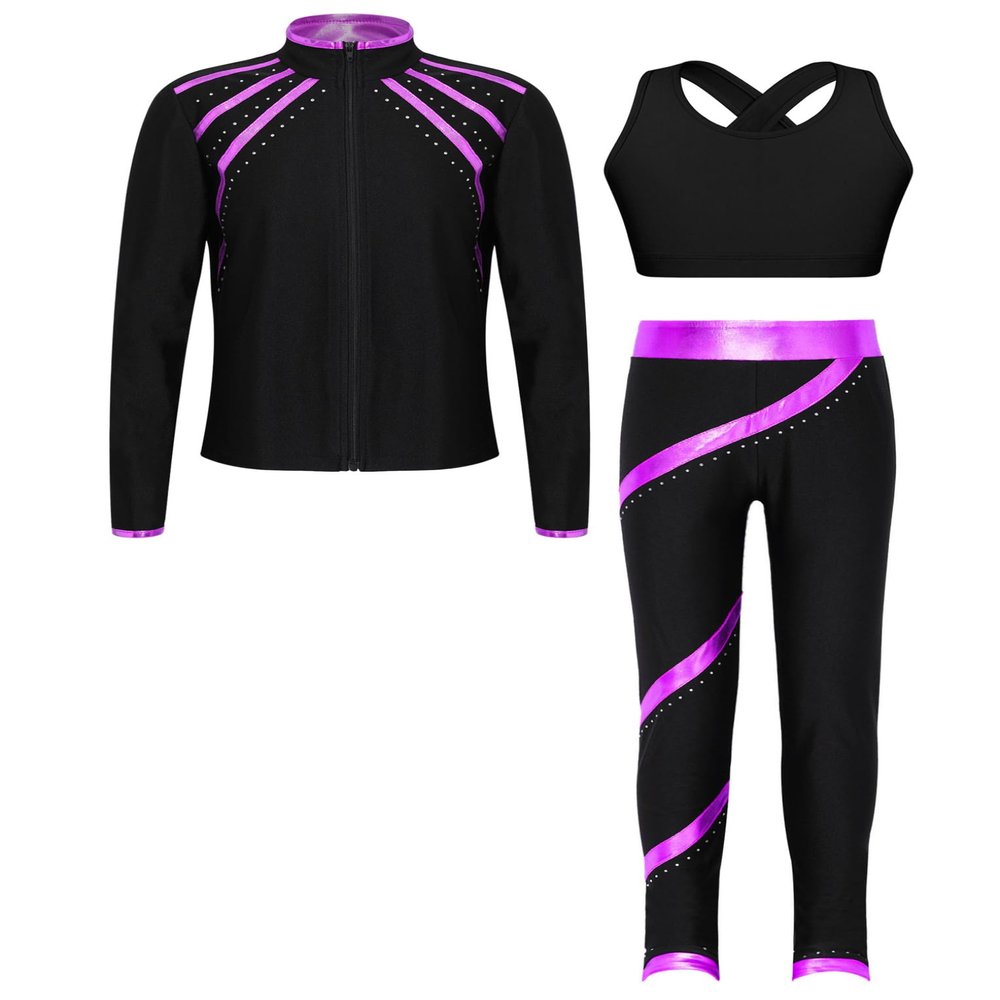 Hansber Kids Girls 3Pcs Dance Sports Outfit Crop Top Leggings with Long Sleeve Zipper Jacket Gym Yoga Training Tracksuit Purple 14 Years