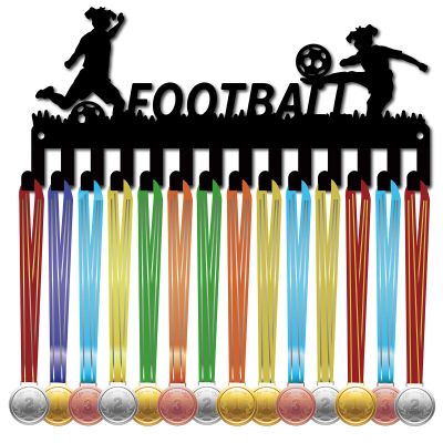 CREATCABIN Football Medal Holder Soccer Medal Hanger Display Rack Frame Sports Hanging Athlete Awards Iron Small Wall Mount Decor with 14 Hooks for Competition Ribbon Lanyard Medals Black 11.4x5.1Inch