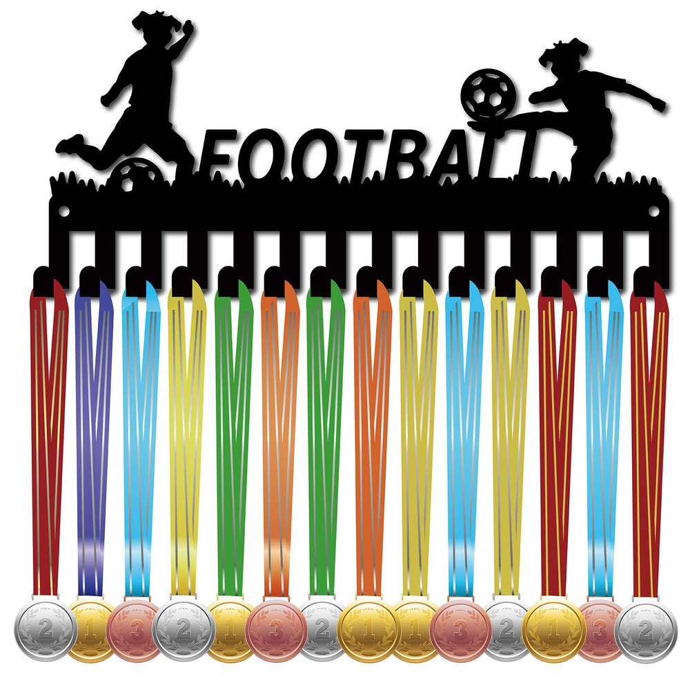 CREATCABIN Football Medal Holder Soccer Medal Hanger Display Rack Frame Sports Hanging Athlete Awards Iron Small Wall Mount Decor with 14 Hooks for Competition Ribbon Lanyard Medals Black 11.4x5.1Inch