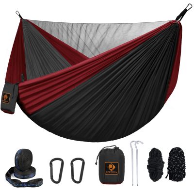 Camping Hammock, Portable Hammocks with Mosquito Net,Lightweight Nylon Parachute Hammock with 10ft Tree Straps,Camping Gear Must Haves for Travel Hiking Backpacking Beach Patio-Black&Red
