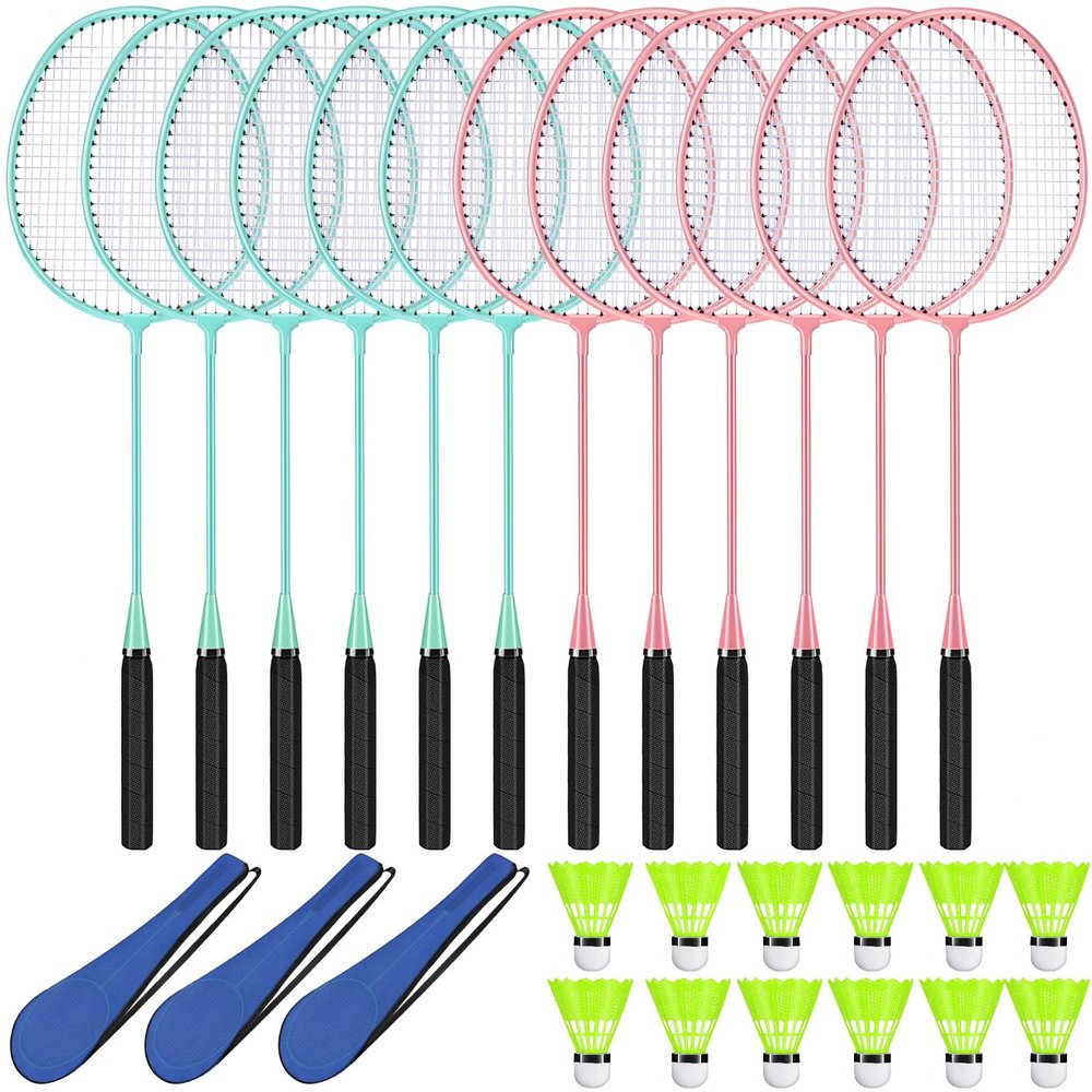 Chitidr 12 Pack Badminton Rackets Set Including Badminton Racquets, Nylon Shuttlecocks and Carry Bag for Outdoor Backyard Games Beginners(12 Pack,Mint Green, Foam Pink)