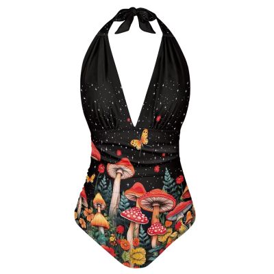 FOR U DESIGNS Push up One Piece Swimsuit Tummy Control Bathing Suit for Women Slimming Swimwear Size XL Halter String Sexy Bikini Mushroom Print