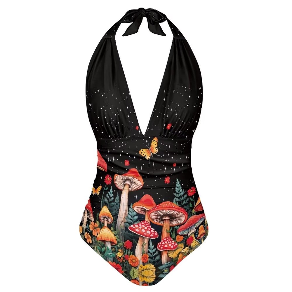 FOR U DESIGNS Push up One Piece Swimsuit Tummy Control Bathing Suit for Women Slimming Swimwear Size XL Halter String Sexy Bikini Mushroom Print