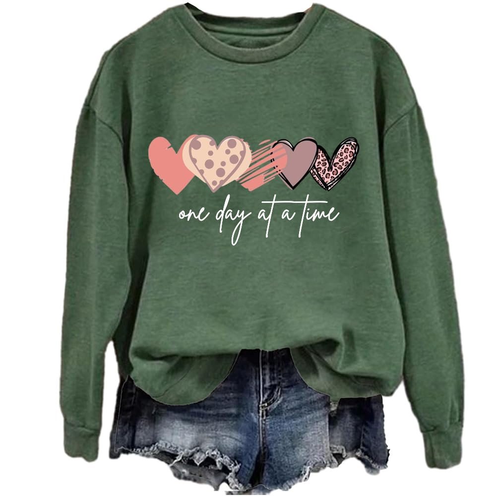 Fiogomis One Day at a Time Sweatshirt Mental Health Sweatshirts for Women One Day at a Time Shirt Positive Message Sweatshirts for Women One Day at a Time Sweatshirt Hearts Inspirational T Forest