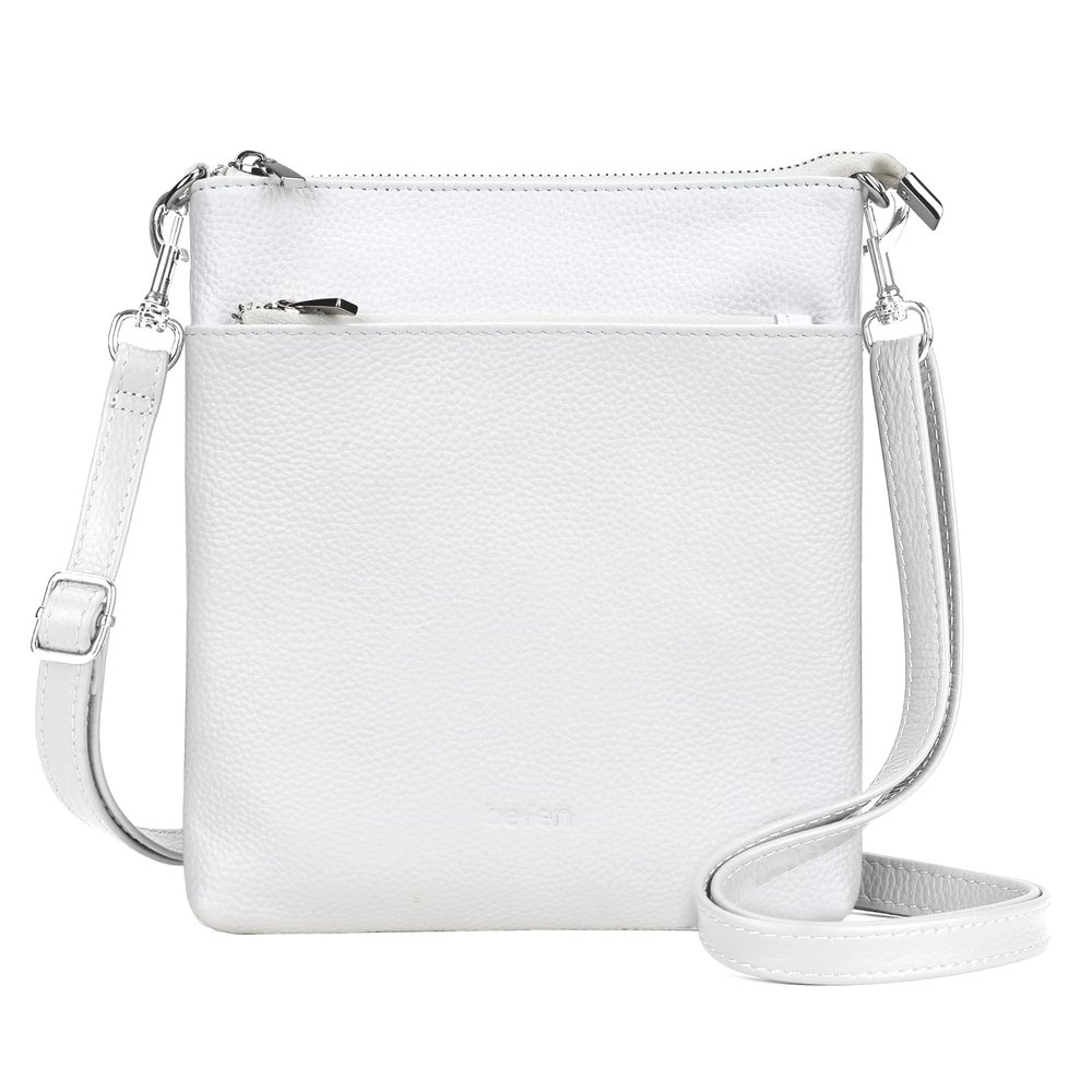 befen White Small Genuine Leather Crossbody Bags Purses for Women Multi Pocket Cross Body Handbags with Adjustable Shoulder Strap